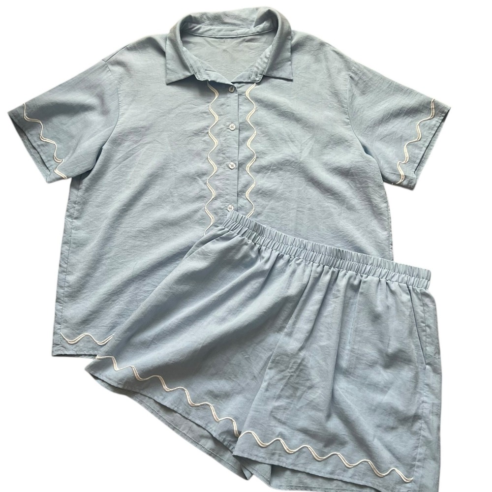Light Blue Ric-Rac Embroidered Pajama Set Short Sleeve Shirt & Shorts XL